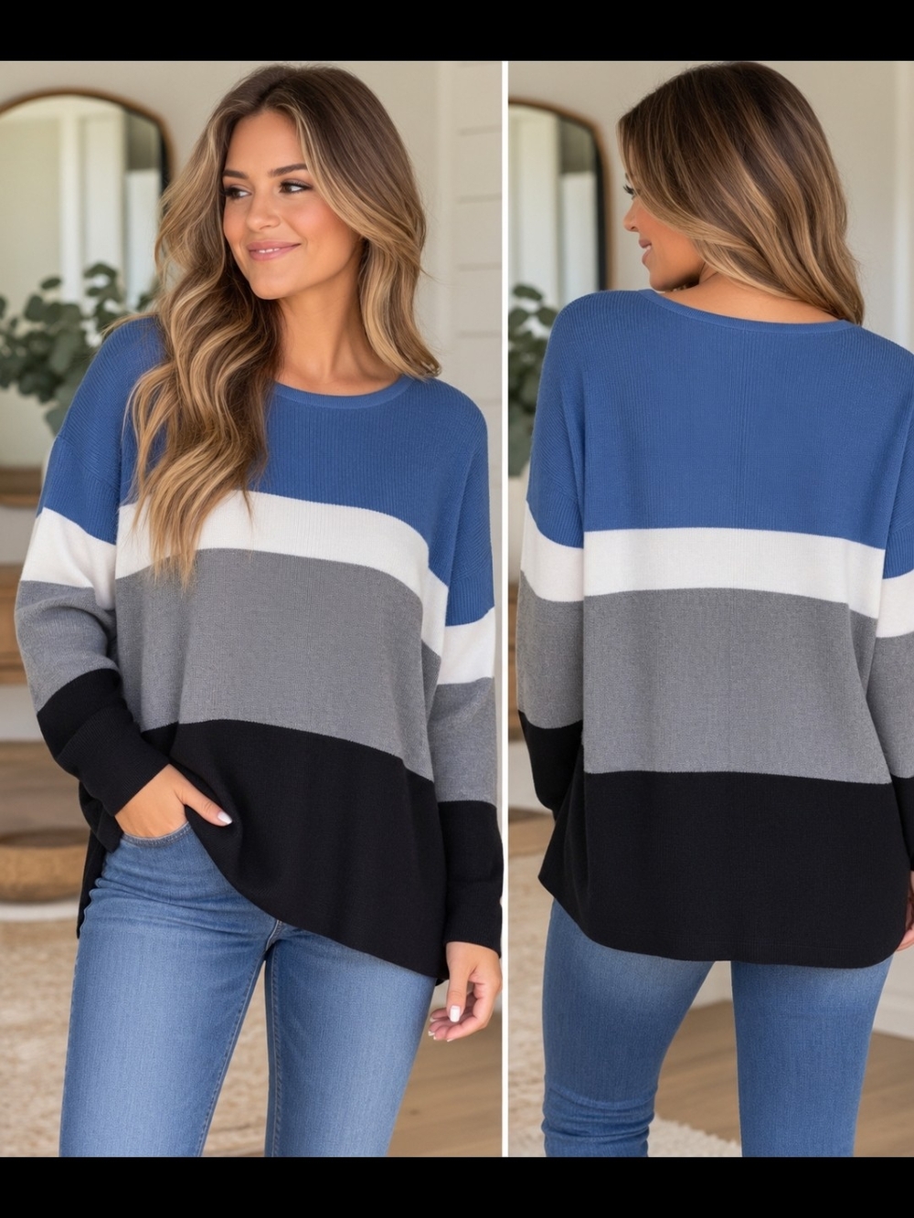 Crewneck Colorblock Sweater in Blue, White & Gray